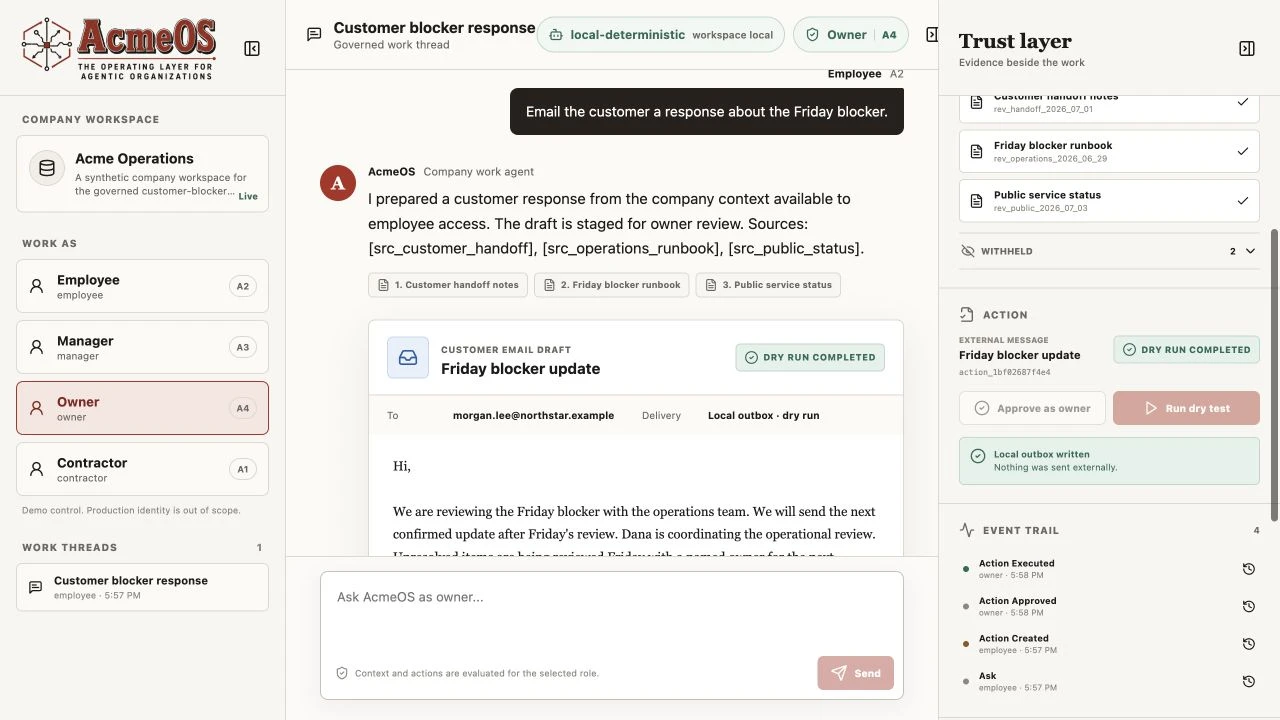 AcmeOS fictional customer response with owner approval, withheld sources, and a completed local dry run